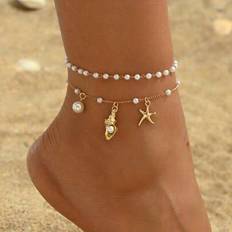 Anklets Shein Summer Ocean Style Shell Starfish Faux Pearl Pendant Anklet - Adjustable Foot