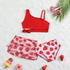 Shein Baby Girl Strawberry Print Halter Swimsuit Set With Cover Up Skirt - Beach/Resort