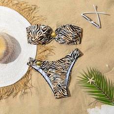 Polyester Bikini Sets Shein Sexy Leopard Floral Print Halter Tie-Up Bikini Set - European/American