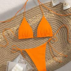 Shein Soft Solid Color Strappy Halter Backless Party Spaghetti Strap Bikini Set - Orange