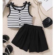 Shein Young Girl Ribbed Sleeveless Top With Bow Accent Shorts Spring/Summer Set - Black/White