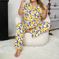 4XL Pyjamas Shein Plus Size Lemon Print Short Sleeve Knit Pajama Set