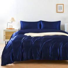 Shein 3 Pcs Premium Navy Color Silky Satin Bedding Set Duvet Cover Blue