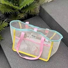 Pink Beach Bags Shein Large Capacity Striped Mesh Beach Bag With Pocket - Pink/Yellow Stripes