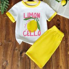 Yellow Other Sets Shein Girls Casual Lemon Print Soft Stretch Short Sleeve T-Shirt And Shorts Set - Spring/Summer Outfit