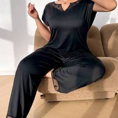 Lace Pyjamas Shein Hollow-Out Lace Patchwork V-Neck Casual Pajamas Set