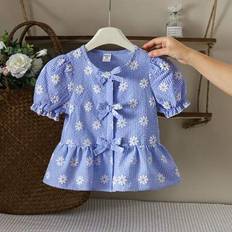 Polyester Blouses & Tunics Children's Clothing Shein Young Girl Plaid Daisy Jacquard Puff Sleeve Bowknot Blouse - Young Girls