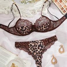 Leopard - Women Lingerie Sets Shein Sexy Lace Splice Leopard Print Lingerie Set - Brown