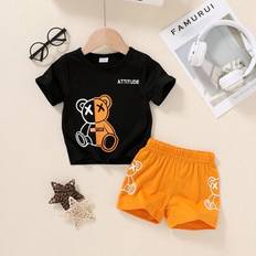 Sportswear Garment Other Sets Shein Baby Boy Soft Comfy Cartoon Bear Letter Print T-Shirt And Sporty Shorts Set - Spring/Summer