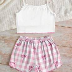 Shein Tween Girls Bow Decor Casual Minimalist Fitted Camisole Top And Shorts Pajamas - Summer