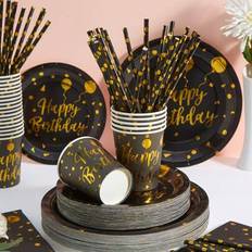 Shein Birthday Balloon Disposable Tableware Set 7/9 Inch Black And Gold