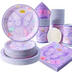 Shein 25-Piece Purple Butterfly Crown Disposable Paper Plate Napkin And Cup Set