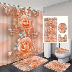Shein Mother's Day Spring Decoration Peach Blossom Shiny 1/4 Piece Home Decor Shower Curtain Set, Includes Shower Curtain With 12 Hooks, Anti-Slip Bath Mat, U-Shaped Toilet Lid Cover, Toilet Seat Cover, Bathroom Decor Summer Bathroom Accessories Back To School