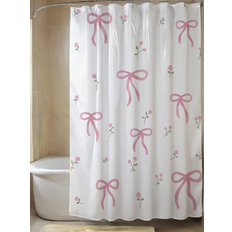 Shein 1 Piece Beautiful Pink Floral Bow Printed Shower Curtain with 12 Hooks, Mildew Resistant & Waterproof, Bathroom Decoration, Modern Style Bathroom Partition Window Curtain, No Drilling Required, 72*72 Inch, Summer
