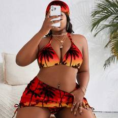Polyester Bikini Sets Shein Plus Size Women Palm Tree Print Halter Neck Bikini Swimwear Set - Summer