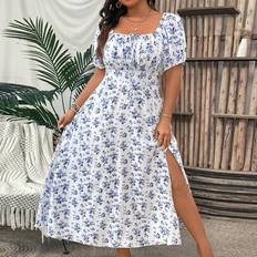 Shein Boho Sommer Urlaubs Kleid mit Floralem Muster - Puffärmeln/Schlitz am Saum