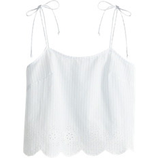 Stripes Blouses H&M Embroidered Tie Strap Top - White/Striped