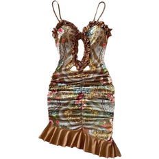 Shein Soleia Sexy Hollow-Out Vintage Palace Floral Backless Ruffle Trim Fitted Mini Dress, V-Neck, Perfect For Vacation, Dating, Valentine's Day, Afternoon Tea