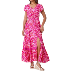 Roman Abstract Print Shirred Waist Maxi Dress - Pink