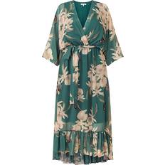 Florals Clothing Yumi Floral Kimono Sleeves Dip Hem Wrap Midi Dress - Green