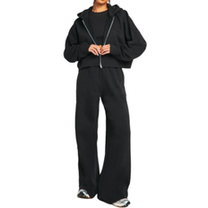 Cropped Jumpers DSGN Studio Embroidered Zip Through Boxy Crop Hoodie - Black