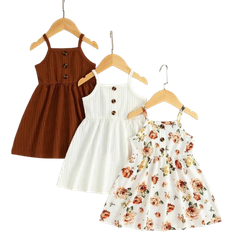 Ruffles Dresses Children's Clothing Shein Girls Floral Printed Solid Color Ribbed Buttoned Strap Dress ThreePiece Set