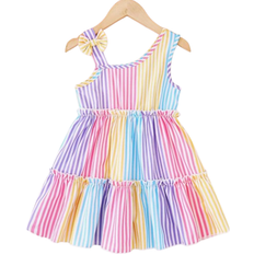 Shein Toddler girls fashion gradient striped sleeveless slanted strap dress set, suitable for party, outing, casual, vacation, home wear, summer