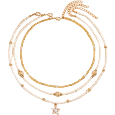 Shein 3pcs/Set Rice Bead Faux Pearl Linked Gold Starfish & Shell Necklace, Handmade Minimalist Jewelry For Women, Suitable For Daily Wear And Beach Vacation