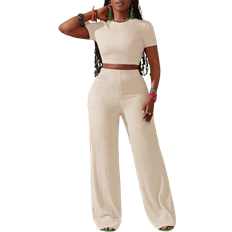 Shein Slaydiva New Casual Basic Sports Style Spring And Summer Round Neck Short-Sleeved Truncated T-Shirt + Wide-Leg Super Long Pants Rose Red Striped Texture Knitted Fabric Women's Two Pieces Set-I