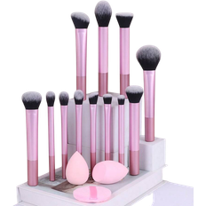 Shein 12pcs Multi-Functional Makeup Brush Set - Powder, Blusher, Foundation, Eyeshadow, Contour Brushes + Angled Makeup Sponge, Round Makeup Sponge, Pink Makeup Puff