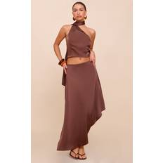 PrettyLittleThing Satin Asymmetric Midi Skirt - Dark Brown
