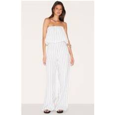 White Jumpsuits & Overalls PrettyLittleThing Stone Stripe Cotton Puffball Bandeau Straight Leg Jumpsuit - White