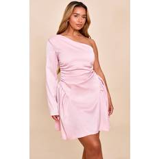 PrettyLittleThing Shape Satin Ruched One Shoulder Skater Mini Dress - Pink