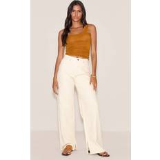 Yellow Jeans PrettyLittleThing Butter Yellow High Rise Split Hem Boyfriend Jeans - Ecru