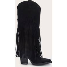 PrettyLittleThing Faux Suede Point Toe Fringed Heel Knee High Western Boots - Black