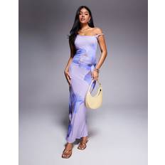 Kaiia Exclusive Double Layered Slinky Mesh Floral Shoulder Dress - Lilac Purple
