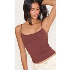 Brown Tank Tops PrettyLittleThing Soft Cotton Strappy Vest Top - Dark Chocolate