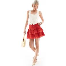 Red Skirts New Look Women's Plus Size Bright Red Textured Embroidered Lace Trim Tiered Mini Skirt - Red