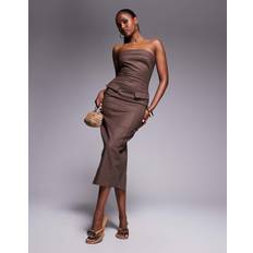 Linen Look Tailored Fold Over Bandeau Pocket Detail Midaxi Dress - Chocolate Brown