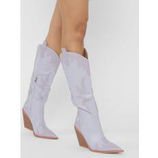 Purple High Boots Public Desire Underwood Snake Western Cowboy Block Heel - Lilac