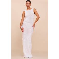 PrettyLittleThing Cream Sequin Knit Scoop Back Maxi Dress - White