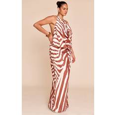 PrettyLittleThing Plus Tan Zebra Abstract Print Chiffon Cowl Neck Maxi Dress - Brown