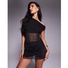 One Shoulder Mesh Insert Lettuce Edge Hem Mini Dress - Black