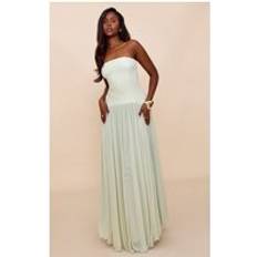 PrettyLittleThing Sage Bandeau Chiffon Pleated Maxi Dress - Sage