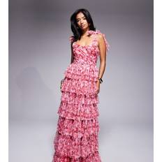 Lace & Beads Petite Bow Shoulder Tiered Tulle Maxi Dress Red Floral