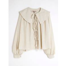 Long Sleeves Blouses River Island Womens Long Sleeve Tie Front Collared Blouse - Beige