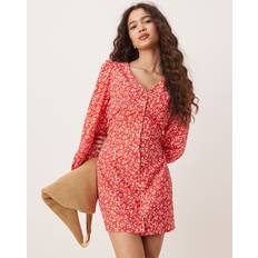 Glamorous Long Sleeve Button Up Tea Dress - Red Ditsy Floral