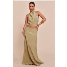 PrettyLittleThing Textured Woven Floaty Maxi Skirt - Sage Khaki
