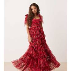 Lace & Beads Petite Bow Shoulder Tiered Tulle Maxi Dress Pink/Red Rose