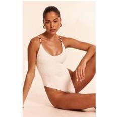 White Swimsuits PrettyLittleThing Textured Bead Trim Plunge Swimsuit - White
